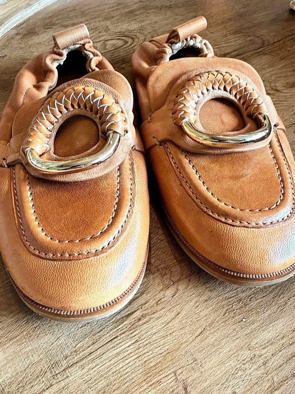 See By Chloe Tan Leather Hana Loafers Gold O-Ring Flats Size 37